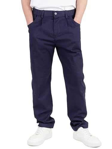 CAMLAKEE Kinder Chinohose Jungen Chino Stoff Hose mit Gummizug Reißverschluss Straight Fit Jungshose Navy DE: 158-164 (Herstellergröße 160) von CAMLAKEE