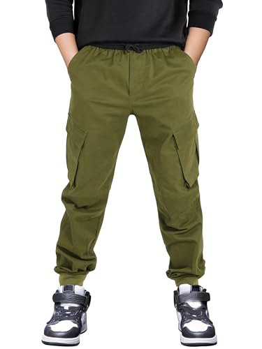 CAMLAKEE Kinder Jogger Hose Jungen Cargohose Stretch Cargo Freizeithose Jungs Outdoorhose mit Kontrast Elastischem Bund, Gerippter Saum Armeegrün DE: 164-170 (Herstellergröße 170) von CAMLAKEE