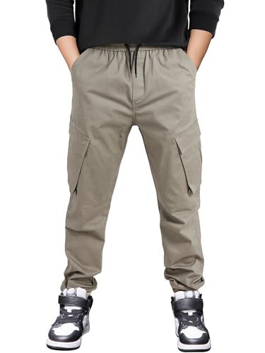CAMLAKEE Kinder Jogger Hose Jungen Cargohose Stretch Cargo Freizeithose Jungs Outdoorhose mit Kontrast Elastischem Bund, Gerippter Saum Khaki DE: 170-176 (Herstellergröße 180) von CAMLAKEE