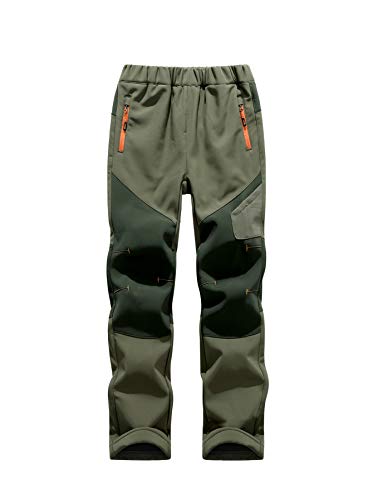 CAMLAKEE Kinder Softshellhose Jungen Gefüttert Hose Wasserdicht Outdoorhose Mädchen Skihose Atmungsaktiv Trekkinghose mit Farbblock Armeegrün 134-140 von CAMLAKEE