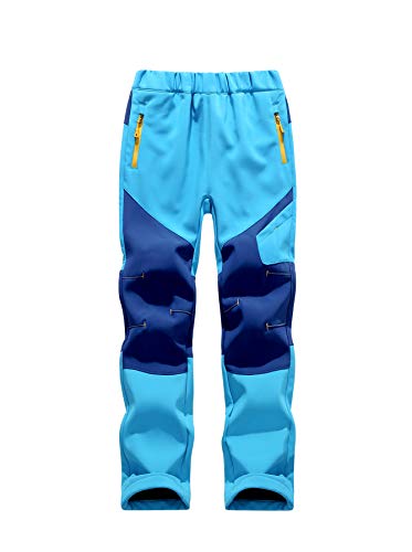 CAMLAKEE Kinder Softshellhose Jungen Gefüttert Hose Wasserdicht Outdoorhose Mädchen Skihose Atmungsaktiv Trekkinghose mit Farbblock Himmelblau 116-122 von CAMLAKEE