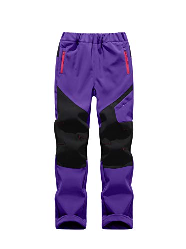 CAMLAKEE Kinder Softshellhose Jungen Gefüttert Hose Wasserdicht Outdoorhose Mädchen Skihose Atmungsaktiv Trekkinghose mit Farbblock Violett 164-170 von CAMLAKEE