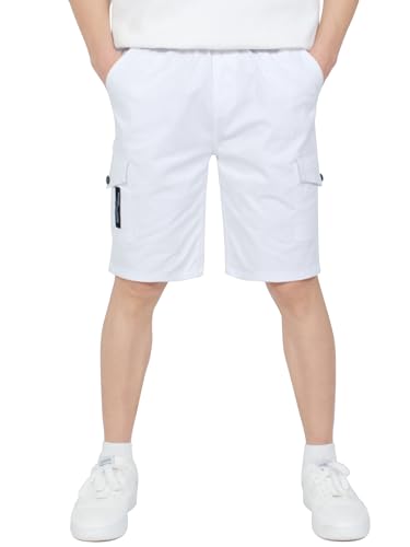 CAMLAKEE Kurze Hose Kinder Jungen Cargo Shorts Jungs Cargoshorts Sommer Kurz Arbeits Hosen mit Elastischem Bund Weiß DE: 122-128 (Herstellergröße 130) von CAMLAKEE