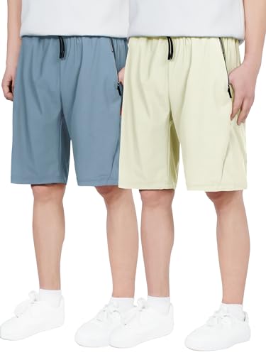 CAMLAKEE Kurze Hosen Jungen Sport Shorts Kinder 2er-Pack Sommerhose Schnelltrocknend Trainingsshort mit Reißverschlusstasche Beige GrauBlau DE: 134-140 (Herstellergröße 140) von CAMLAKEE