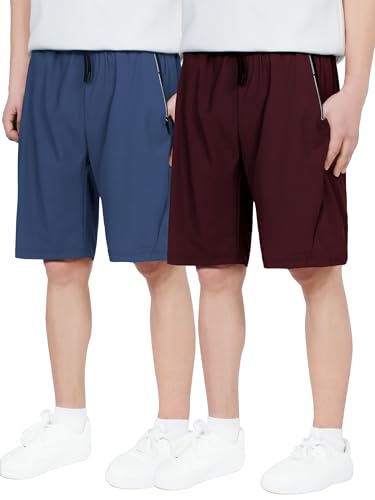 CAMLAKEE Kurze Hosen Jungen Sport Shorts Kinder 2er-Pack Sommerhose Schnelltrocknend Trainingsshort mit Reißverschlusstasche DBlau DatumRot DE: 134-140 (Herstellergröße 140) von CAMLAKEE