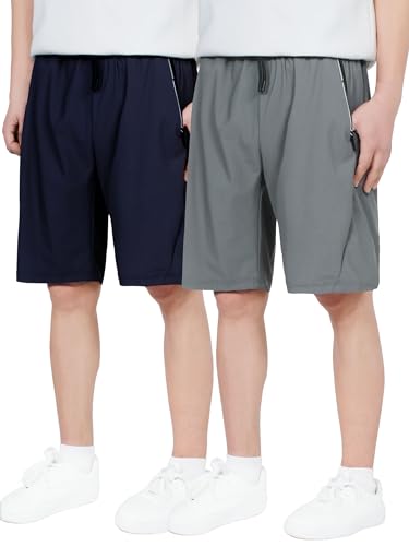 CAMLAKEE Kurze Hosen Jungen Sport Shorts Kinder 2er-Pack Sommerhose Schnelltrocknend Trainingsshort mit Reißverschlusstasche DGrau Navy DE: 146-152 (Herstellergröße 150) von CAMLAKEE