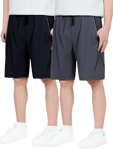 CAMLAKEE Kurze Hosen Jungen Sport Shorts Kinder 2er-Pack Sommerhose Schnelltrocknend Trainingsshort mit Reißverschlusstasche Schwarz Grau DE: 146-152 (Herstellergröße 150) von CAMLAKEE