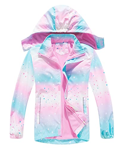 CAMLAKEE Mädchen Regenjacke Gefütterte Kinder Softshelljacke Übergangsjacke Warme Jacke Gedruckt Winterjacke Rosa Herz DE: 116-122 (Herstellergröße 120) von CAMLAKEE