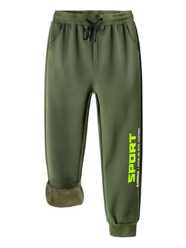 CAMLAKEE Thermohose Jungen Jogginghose Gefüttert Kinder Hose Jungs Warm Winter Fleece Jogger Elastische Taille Armee DE: 158-164 (Herstellergröße 160) von CAMLAKEE