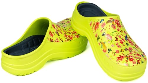 CAMMINARE Boots, for you Damen Herren Eva Clogs Bequeme Ultraleichte Gartenschuhe Clogs mit Moro- und Blumendruck Como Happy 36-46 EU (Pistazien Blumen, 41) von CAMMINARE Boots, for you