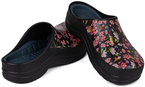CAMMINARE Boots, for you Damen Herren Eva Clogs Bequeme Ultraleichte Gartenschuhe Clogs mit Moro- und Blumendruck Como Happy 36-46 EU (Schwarz Blumen, 36) von CAMMINARE Boots, for you