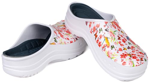 CAMMINARE Boots, for you Damen Herren Eva Clogs Bequeme Ultraleichte Gartenschuhe Clogs mit Moro- und Blumendruck Como Happy 36-46 EU (Weiß Blumen, 37) von CAMMINARE Boots, for you