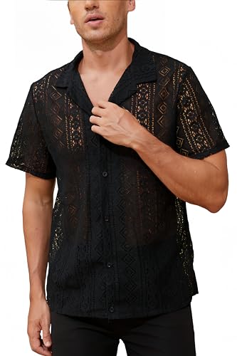 CAMNOW Herren Boho Kurzarm Hemd Durchsichtige Spitze Button Down Hemd, Schwarz, XL von CAMNOW