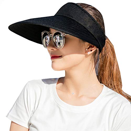 CAMOLAND Damen Sun Visor Kappen Großes Rand-Sommer-UV-Schutz-Strand Cap Eine Grösse passt allen Schwarz von CAMOLAND
