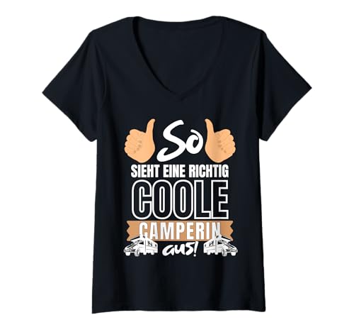Damen SO SIEHT EINE COOLE CAMPERIN AUS! CAMPING CAMPER WOHNMOBIL T-Shirt mit V-Ausschnitt von CAMPING SPRUCH GESCHENK FÜR CAMPER UND WOHNMOBIL