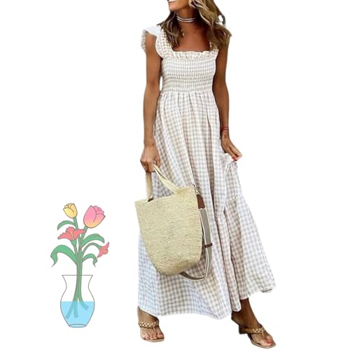 CAMPMINE Multi Plaid gesmokte Büste Maxikleid Damen Retro Plaid Sommer Spaghettiträger Quadratischer Ausschnitt Langes Kleid, beige, Medium von CAMPMINE