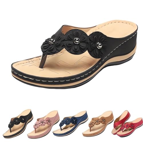 CAMPMINE Orthopädische Sandalen für Damen, Fußgewölbeunterstützung, Blumen, Clip-Toe, Sandalen, bequem, offener Zehenbereich, Keilsandalen, Schwarz , 35 EU von CAMPMINE