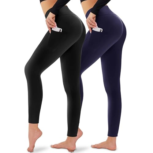 CAMPSNAIL 2er Pack Leggings Damen Schwarz High Waist Sport Leggins Blickdicht Sporthose für Gym Yoga(Schwarz& Dunkelblau-T,XXL) von CAMPSNAIL