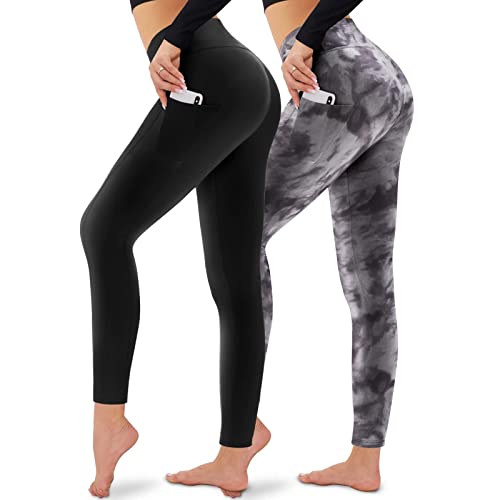 CAMPSNAIL 2er Pack Leggings Damen Schwarz High Waist Sport Leggins Blickdicht Sporthose für Gym Yoga(Schwarz&Tie Dye Schwarz-T,XXL) von CAMPSNAIL