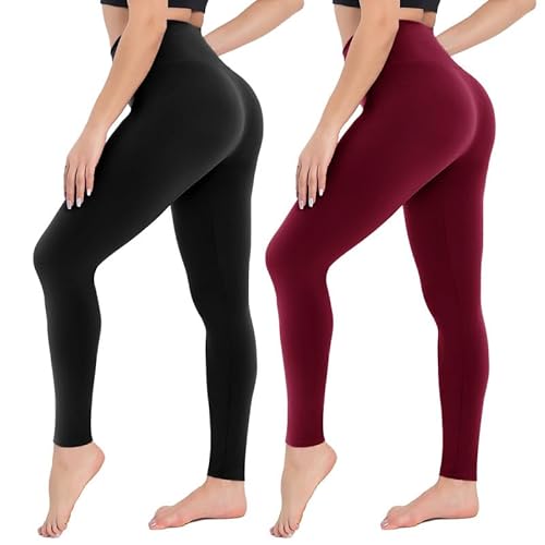 CAMPSNAIL 2er Pack Leggings Damen Schwarz High Waist Sport Leggins Blickdicht Sporthose für Gym Yoga(Schwarz&Weinrot,XXL) von CAMPSNAIL