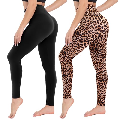 CAMPSNAIL 2er Pack Leggings Damen Schwarz High Waist Sport Leggins Blickdicht Sporthose für Gym Yoga (2er Pack- Schwarz&Leo, XXL) von CAMPSNAIL