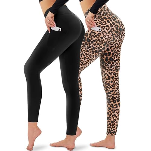 CAMPSNAIL 2er Pack Leggings Damen Schwarz High Waist Sport Leggins Blickdicht Sporthose für Gym Yoga (2er Pack- Schwarz&Leo, XXL) von CAMPSNAIL