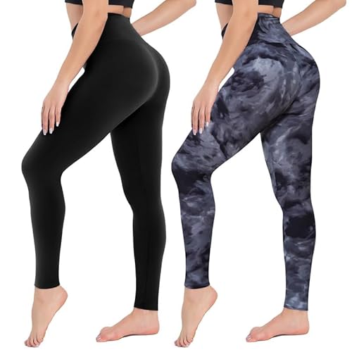 CAMPSNAIL 2er Pack Leggings Damen Schwarz High Waist Sport Leggins Blickdicht Sporthose für Gym Yoga (2er Pack- Schwarz&tie Dye Schwarz, S-M) von CAMPSNAIL