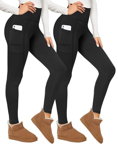 CAMPSNAIL 2er Pack Thermo Leggings Damen Im Winter, Gefüttert High Waist Thermohose Dicke Warm Fleece Leggins Blickdicht Für Sport (Schwarz/Schwarz-Taschen,L/XL) von CAMPSNAIL
