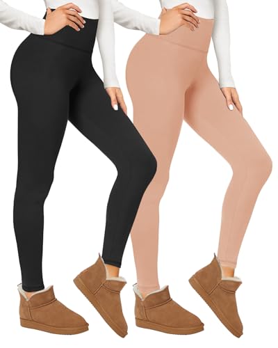 CAMPSNAIL 2er Pack Thermo Leggings Damen Im Winter, Gefüttert High Waist Thermohose Dicke Warm Fleece Leggins Blickdicht Für Sport (Schwarz/Hautfarbe,S-M) von CAMPSNAIL