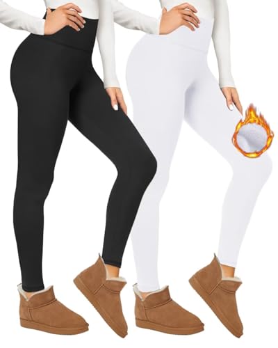 CAMPSNAIL 2er Pack Thermo Leggings Damen Im Winter, Gefüttert High Waist Thermohose Dicke Warm Fleece Leggins Blickdicht Für Sport (Schwarz/Weiß,S-M) von CAMPSNAIL