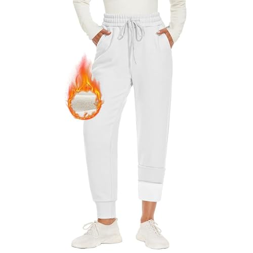 CAMPSNAIL Warme Jogginghose Damen Gefütterte mit 2 Taschen Kordelzug Winter Fleece High Waist Lange Sportleggins Trainingshose Freizeithose Sweathose Weipβ XS von CAMPSNAIL