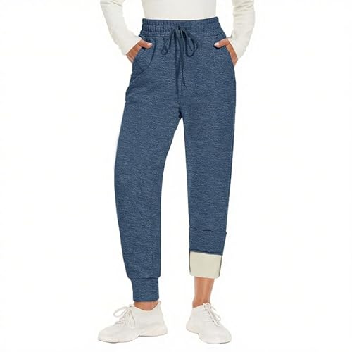 CAMPSNAIL Warme Jogginghose Damen Gefütterte mit 2 Taschen Kordelzug Winter Fleece High Waist Lange Sportleggins Trainingshose Freizeithose Sweathose Armee Blau L von CAMPSNAIL