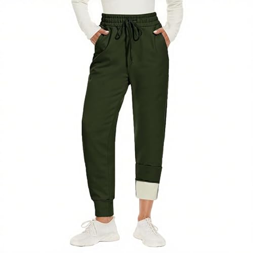 CAMPSNAIL Warme Jogginghose Damen Gefütterte mit 2 Taschen Kordelzug Winter Fleece High Waist Lange Sportleggins Trainingshose Freizeithose Sweathose Armee Grün XL von CAMPSNAIL