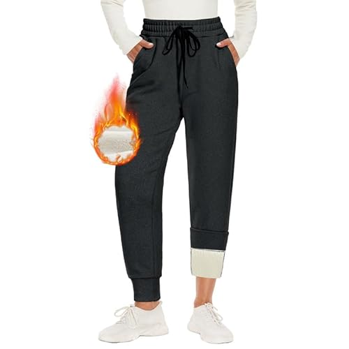 CAMPSNAIL Warme Jogginghose Damen Gefütterte mit 2 Taschen Kordelzug Winter Fleece High Waist Lange Sportleggins Trainingshose Freizeithose Sweathose Dunkelgrau,M von CAMPSNAIL