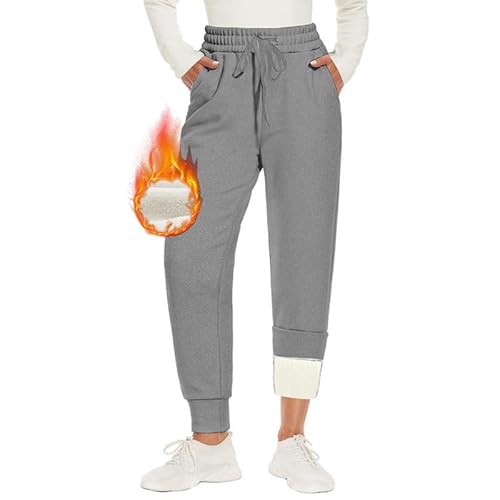 CAMPSNAIL Warme Jogginghose Damen Gefütterte mit 2 Taschen Kordelzug Winter Fleece High Waist Lange Sportleggins Trainingshose Freizeithose Sweathose Hellgrau M von CAMPSNAIL