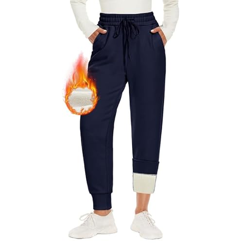 CAMPSNAIL Warme Jogginghose Damen Gefütterte mit 2 Taschen Kordelzug Winter Fleece High Waist Lange Sportleggins Trainingshose Freizeithose Sweathose Marineblau L von CAMPSNAIL