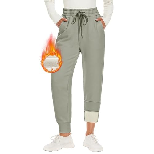 CAMPSNAIL Warme Jogginghose Damen Gefütterte mit 2 Taschen Kordelzug Winter Fleece High Waist Lange Sportleggins Trainingshose Freizeithose Sweathose Salbeigrün XXL von CAMPSNAIL