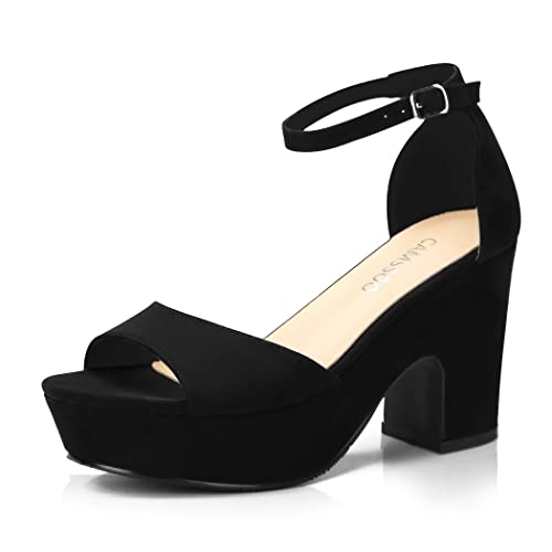 CAMSSOO Frauen Einfarbig Offene Zehe Knöchelriemen High Heels Keilsandalen Blockabsatz Plarform Schuhe, Schwarz 1, 6.5 US von CAMSSOO