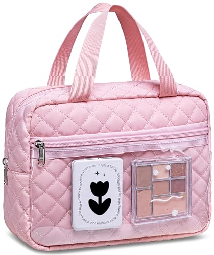 CAMTOP Make-up-Tasche für Damen und Mädchen, Kord, Kosmetiktasche, Reise-Kulturbeutel, Geldbörse mit Reißverschluss, Rosa gesteppt, Kosmetiktaschen aus Cord mit transparenter Schicht von CAMTOP