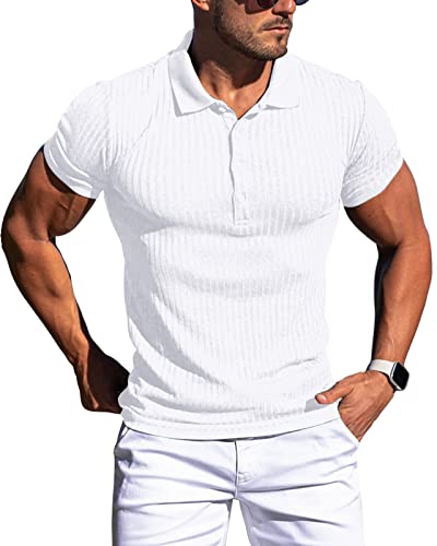 Muskel-Poloshirts für Herren, schmale Passform, kurzärmelig, Golf-Shirts, Herren, trockene Passform, leger, stilvolle Kleidung, Weiss/opulenter Garten, Mittel Muskel-Poloshirts für Herren, schmale Passform, kurzärmelig, Golf-Shirts, Herren, trockene Passform, leger, stilvolle Kleidung, Weiss/opulenter Garten, Mittel von CANGHPGIN