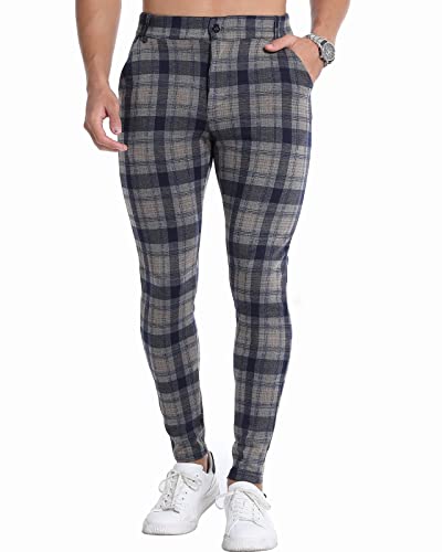 Herren Freizeithose Slim Fit Stretch Plaid Hose Business Skinny Kleid Hose für Herren, Grau-Blau kariert, Mittel von CANGHPGIN