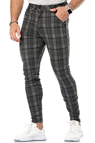 Herren-Hose, kariert, schmal zulaufend, lässig, Stretch, flache Vorderseite, erweiterbare Taille, karierte Kleiderhose, Black Big Plaid, Groß von CANGHPGIN