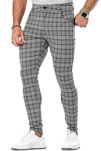 Herren-Hose, kariert, schmal zulaufend, lässig, Stretch, flache Vorderseite, erweiterbare Taille, karierte Kleiderhose, Gray Plaid, Groß von CANGHPGIN