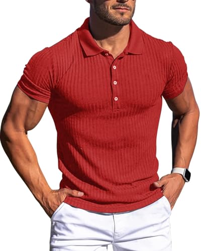 Muskel-Poloshirts für Herren, schmale Passform, kurzärmelig, Golf-Shirts, Herren, trockene Passform, lässige stilvolle Kleidung, Rot/Ausflug, einfarbig (Getaway Solids), Klein von CANGHPGIN