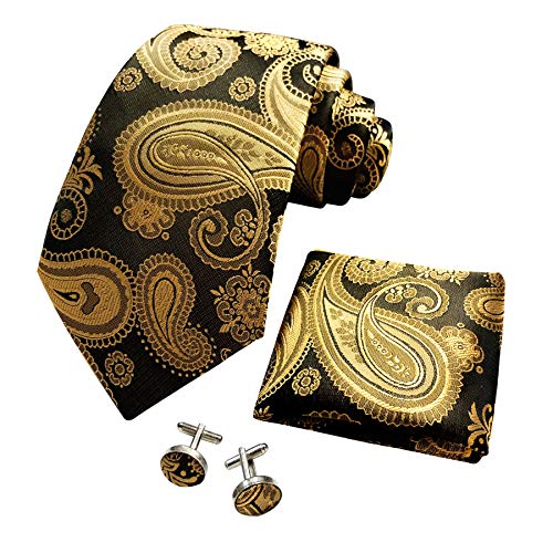 CANGRON Herren Gold schwarz Paisley Krawatte Set Krawatte mit Einstecktuch Manschettenknöpfe Geschenkbox DLSP8HJ von CANGRON