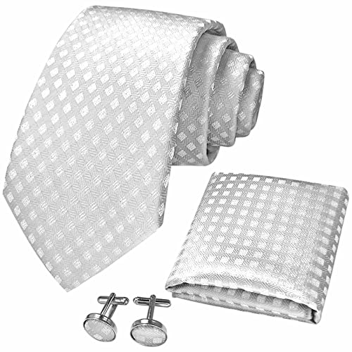 CANGRON Herren Krawatte Silber Weiß Grid Check Krawatte Einstecktuch Manschettenknöpfe Krawatten Set DLSG8YB von CANGRON