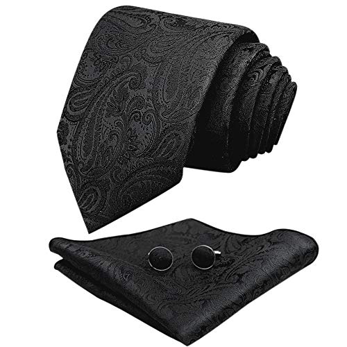 CANGRON Herren Schwarze Paisley Krawatte Set Krawatte mit Einstecktuch Manschettenknöpfe Geschenkbox DLSP8HE von CANGRON