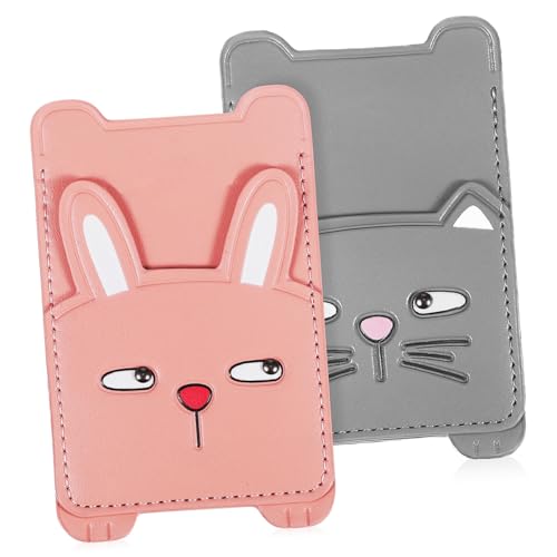 CANIGHT 2stücke Cartoon Handy-kartenhalter Mit Aufkleber Niedliches Kaninchen Und Katzen-Design Doppelte Fächer Für Rückseite Handys Elastischer Pu Geldbeutel Für Id Und Kreditkarten von CANIGHT