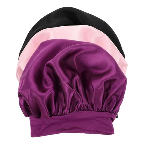 CANIGHT Schlafhaube Aus Satin Für Kinder Mit Breitem Band Elastisch Runde Haarpflegemütze Schlafkopfbedeckung in Schwarz Pink von CANIGHT