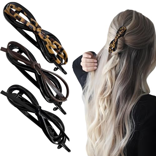 3 Stück flache Haarspangen mit Schleife für Damen, modisches Haar-Tool aus Leder mit gedrehter Schleife, schicke Cache-Haarspange, flache Haar-Accessoires für Damen, Schleifen-Klauenclip-Zubehör von CANIPHA